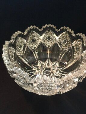Vintage Cut Glass Crystal Bowl Sawtooth Rim Starburst Pattern Pressed Glass Dish